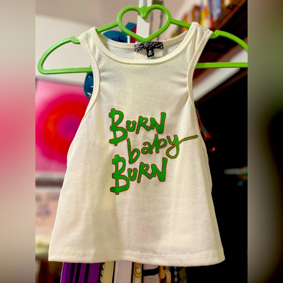 Dolls Kill Baby's Gotta Burn Cropped White Stretch Ribbed Jersey Tank Top (S) - Picture 6 of 7